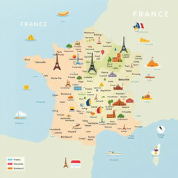 A detailed map of France, showcasing its regions, major cities, and landmarks