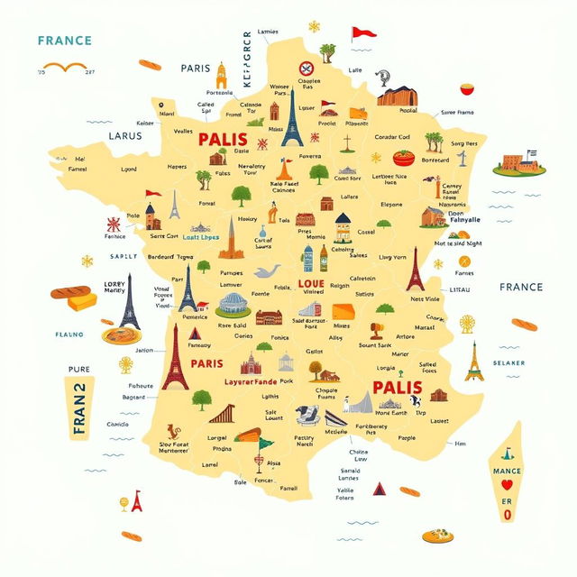 A detailed map of France, showcasing its regions, major cities, and landmarks