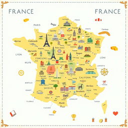 A detailed map of France, showcasing its regions, major cities, and landmarks