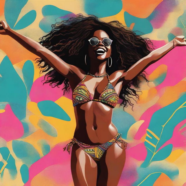 A high-quality digital art piece showcasing a joyful black girl in a bikini, raising her arms in celebration