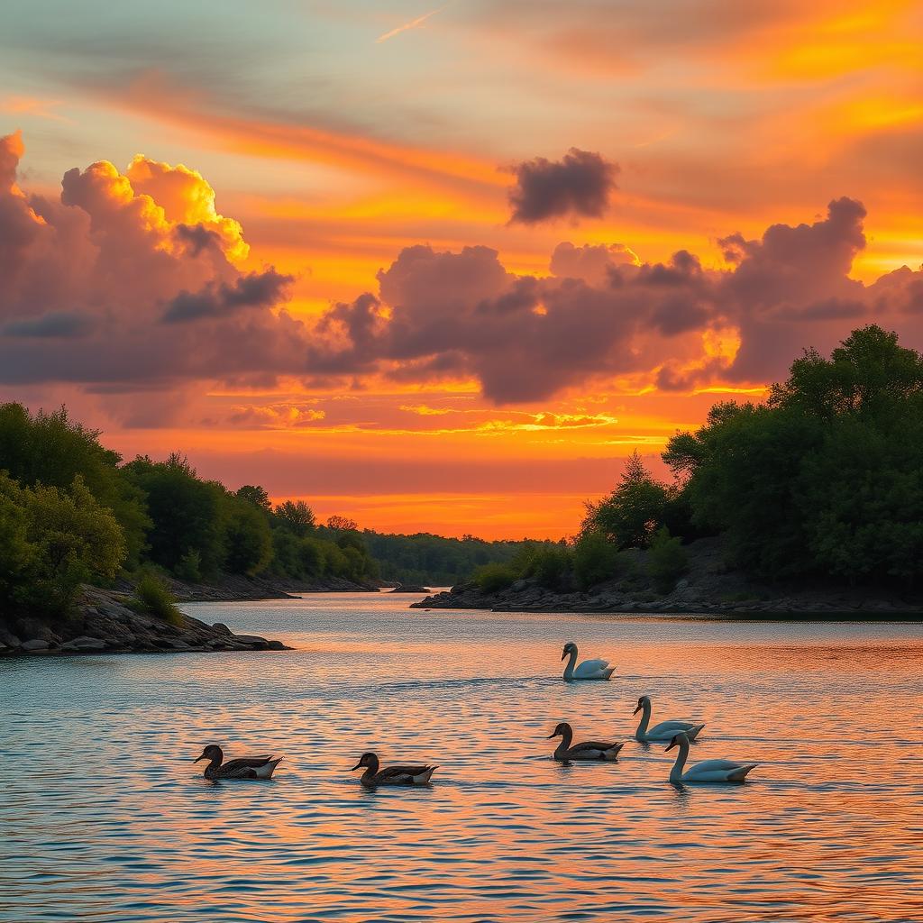 A breathtaking view of a tranquil lake under a vibrant sunset, with colorful clouds reflecting on the water