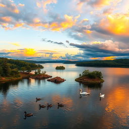 A breathtaking view of a tranquil lake under a vibrant sunset, with colorful clouds reflecting on the water