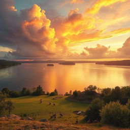 A breathtaking view of a tranquil lake under a vibrant sunset, with colorful clouds reflecting on the water