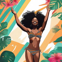 A high-quality digital art piece showcasing a joyful black girl in a bikini, raising her arms in celebration