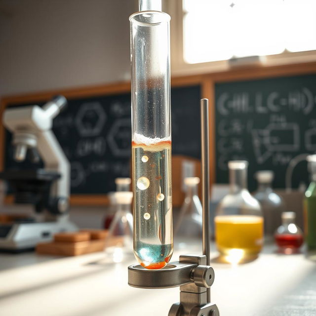 A laboratory scene featuring a detailed glass test tube being held upright by a sturdy, metallic clamp attached to a laboratory bench