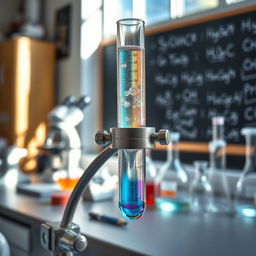 A laboratory scene featuring a detailed glass test tube being held upright by a sturdy, metallic clamp attached to a laboratory bench