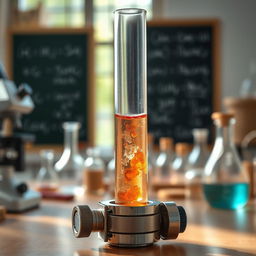 A laboratory scene featuring a detailed glass test tube being held upright by a sturdy, metallic clamp attached to a laboratory bench