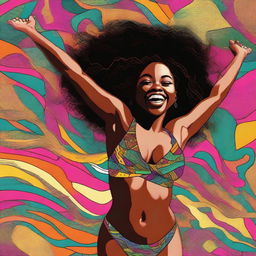 A high-quality digital art piece showcasing a joyful black girl in a bikini, raising her arms in celebration