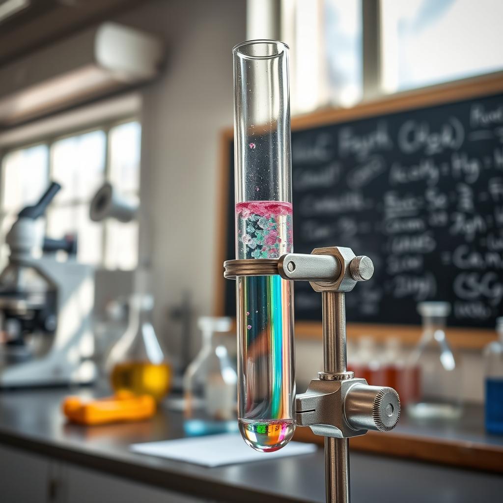 A laboratory scene featuring a detailed glass test tube being held upright by a sturdy, metallic clamp attached to a laboratory bench