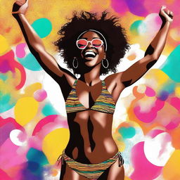 A high-quality digital art piece showcasing a joyful black girl in a bikini, raising her arms in celebration