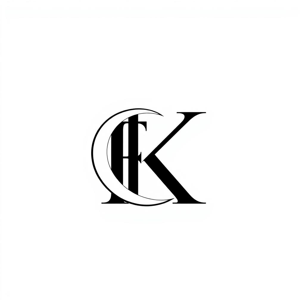 A professional minimalist monogram design featuring the letters 'F' and 'K' elegantly integrated with a crescent moon