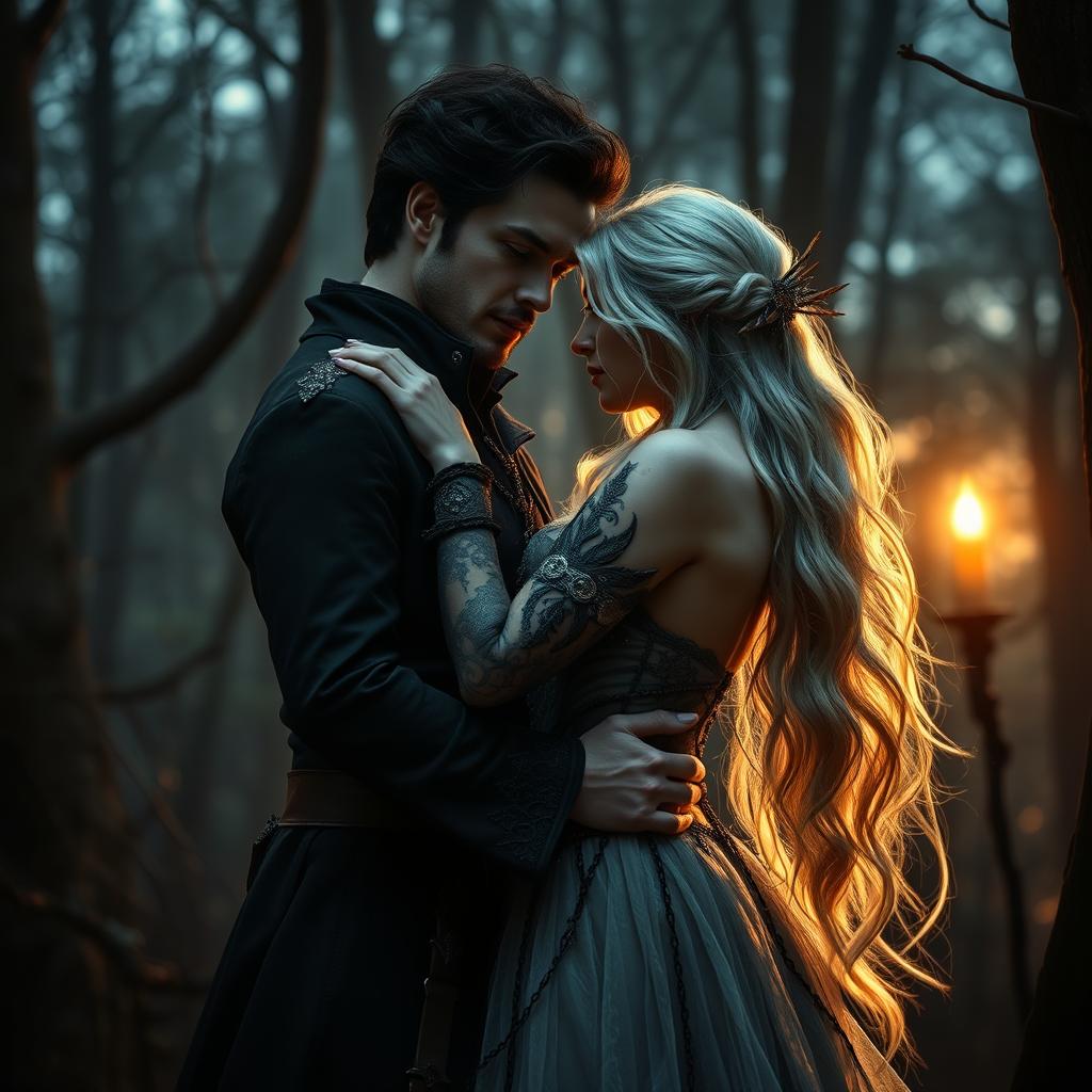 In a captivating mythical world where magic and shadows intertwine, a dark love story unfolds between a sultry sorcerer and a striking fae female with shimmering silver hair