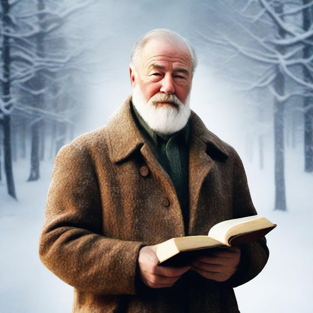 A high-quality digital art image featuring Stanley Hemingway in a snow-covered world, holding an ancient manuscript