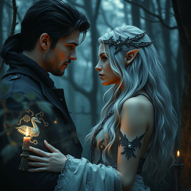 In a captivating mythical world where magic and shadows intertwine, a dark love story unfolds between a sultry sorcerer and a striking fae female with shimmering silver hair