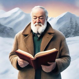 A high-quality digital art image featuring Stanley Hemingway in a snow-covered world, holding an ancient manuscript