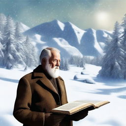 A high-quality digital art image featuring Stanley Hemingway in a snow-covered world, holding an ancient manuscript