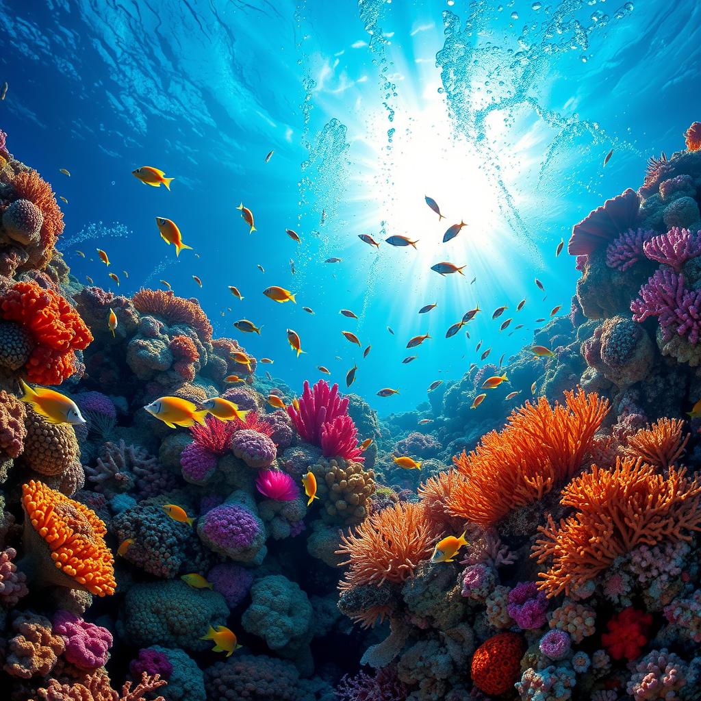 A stunning underwater coral reef scene, showcasing vibrant and colorful corals in various shapes and sizes, teeming with a variety of tropical fish swimming among the corals