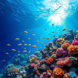 A stunning underwater coral reef scene, showcasing vibrant and colorful corals in various shapes and sizes, teeming with a variety of tropical fish swimming among the corals