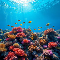A stunning underwater coral reef scene, showcasing vibrant and colorful corals in various shapes and sizes, teeming with a variety of tropical fish swimming among the corals