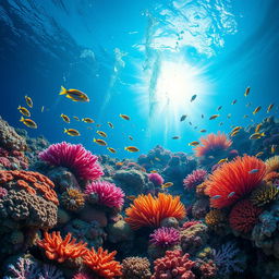 A stunning underwater coral reef scene, showcasing vibrant and colorful corals in various shapes and sizes, teeming with a variety of tropical fish swimming among the corals