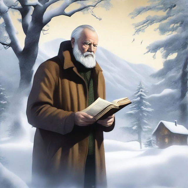 A high-quality digital art depicting Stanley Hemingway, wrapped in winter attire, standing in a snow-covered landscape