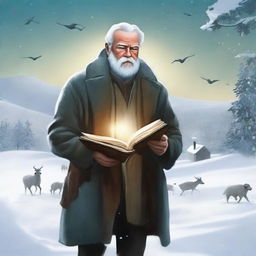 A high-quality digital art depicting Stanley Hemingway, wrapped in winter attire, standing in a snow-covered landscape