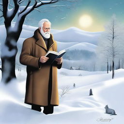 A high-quality digital art depicting Stanley Hemingway, wrapped in winter attire, standing in a snow-covered landscape