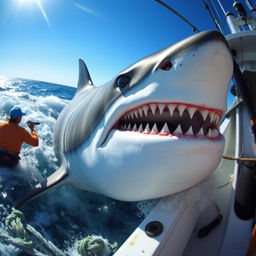 A massive shark over 30 feet long being caught by a fishing boat in the open sea, showcasing its fierce jaws filled with sharp, jagged teeth