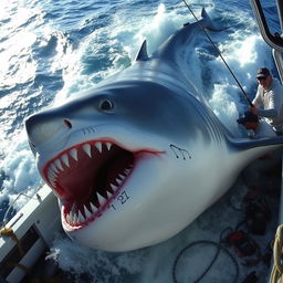 A massive shark over 30 feet long being caught by a fishing boat in the open sea, showcasing its fierce jaws filled with sharp, jagged teeth