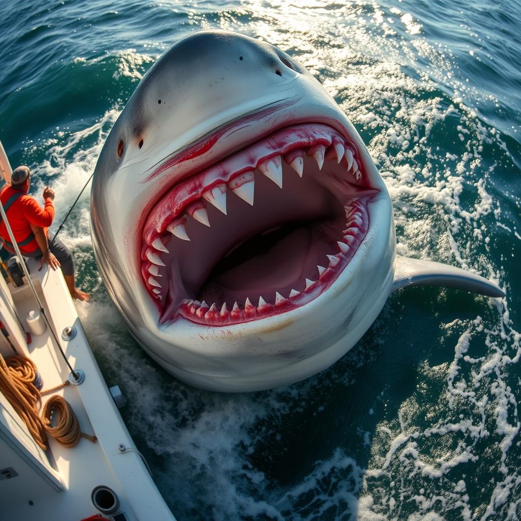 A massive shark over 30 feet long being caught by a fishing boat in the open sea, showcasing its fierce jaws filled with sharp, jagged teeth