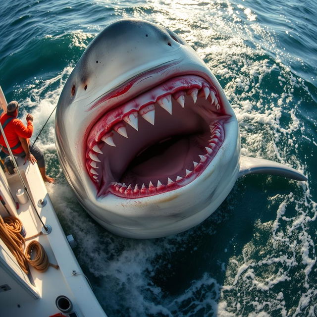 A massive shark over 30 feet long being caught by a fishing boat in the open sea, showcasing its fierce jaws filled with sharp, jagged teeth