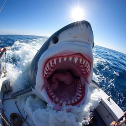 A massive shark over 30 feet long being caught by a fishing boat in the open sea, showcasing its fierce jaws filled with sharp, jagged teeth