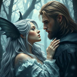 In a mesmerizing mythical world teeming with magic and intrigue, a tale of dark love unfolds between a powerful sorcerer and a silver-haired fae female