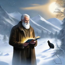 A high-quality digital art depicting Stanley Hemingway, wrapped in winter attire, standing in a snow-covered landscape