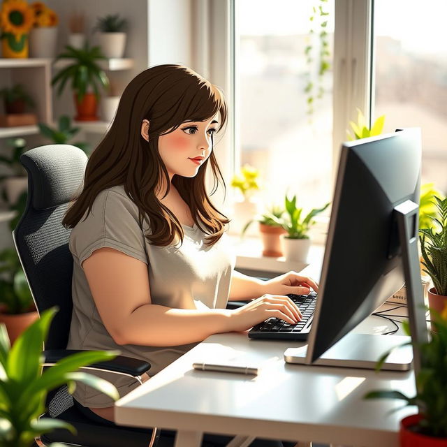 A chubby girl with medium-length hair, sitting comfortably at a modern desk while working intently on her computer