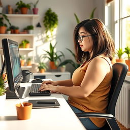 A chubby girl with medium-length hair, sitting comfortably at a modern desk while working intently on her computer