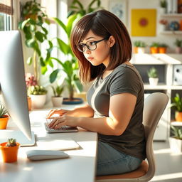 A chubby girl with medium-length hair, sitting comfortably at a modern desk while working intently on her computer
