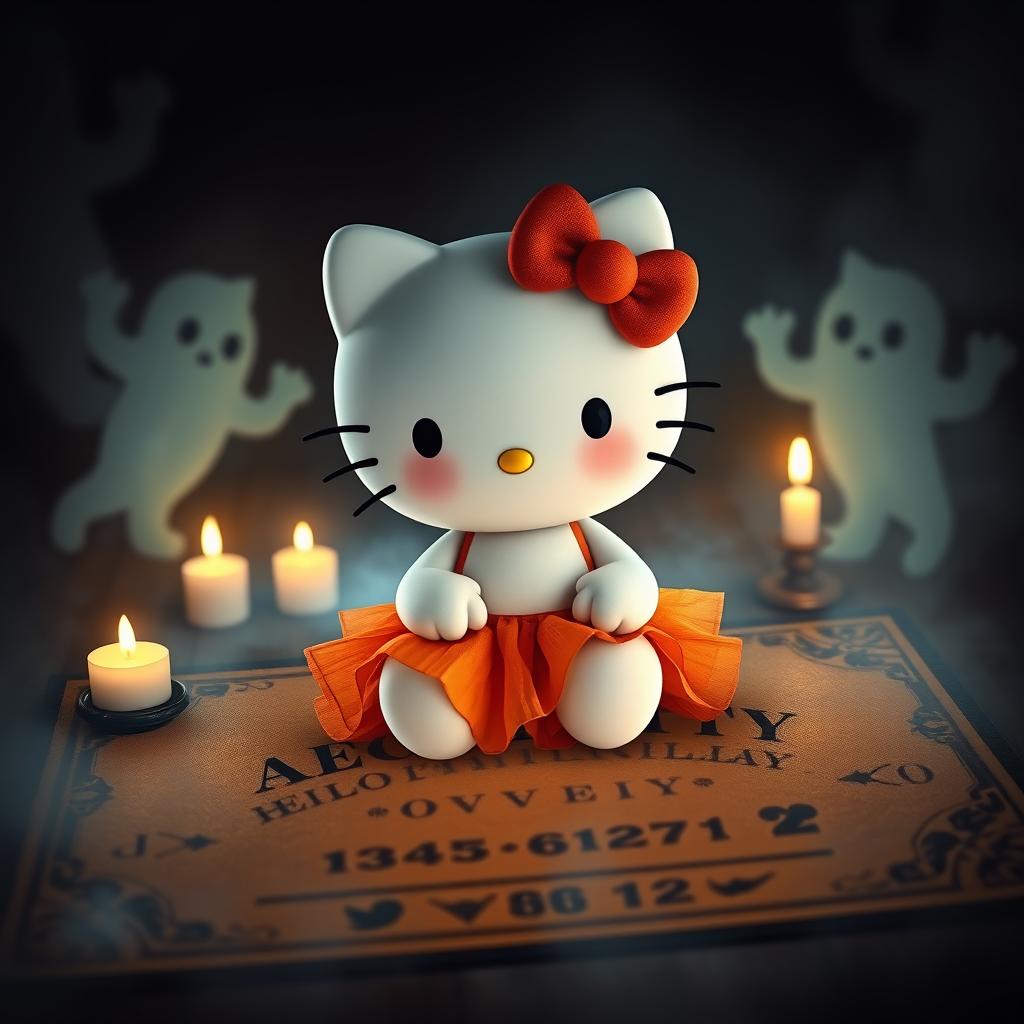 Hello Kitty dressed in a vibrant orange skirt, sitting on a spooky Ouija board surrounded by dim candlelight