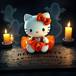 Hello Kitty dressed in a vibrant orange skirt, sitting on a spooky Ouija board surrounded by dim candlelight