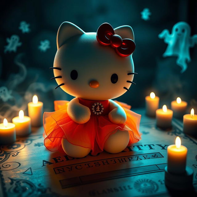 Hello Kitty dressed in a vibrant orange skirt, sitting on a spooky Ouija board surrounded by dim candlelight
