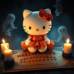 Hello Kitty dressed in a vibrant orange skirt, sitting on a spooky Ouija board surrounded by dim candlelight