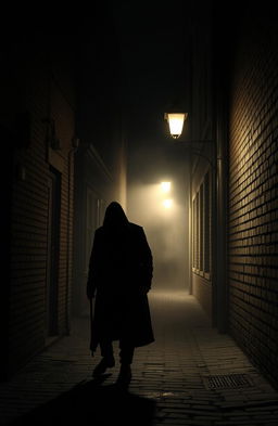A dark, moody scene depicting the shadows of a serial killer lurking in a dimly lit alleyway