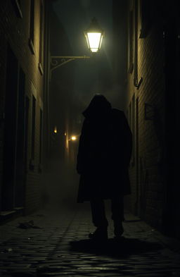 A dark, moody scene depicting the shadows of a serial killer lurking in a dimly lit alleyway