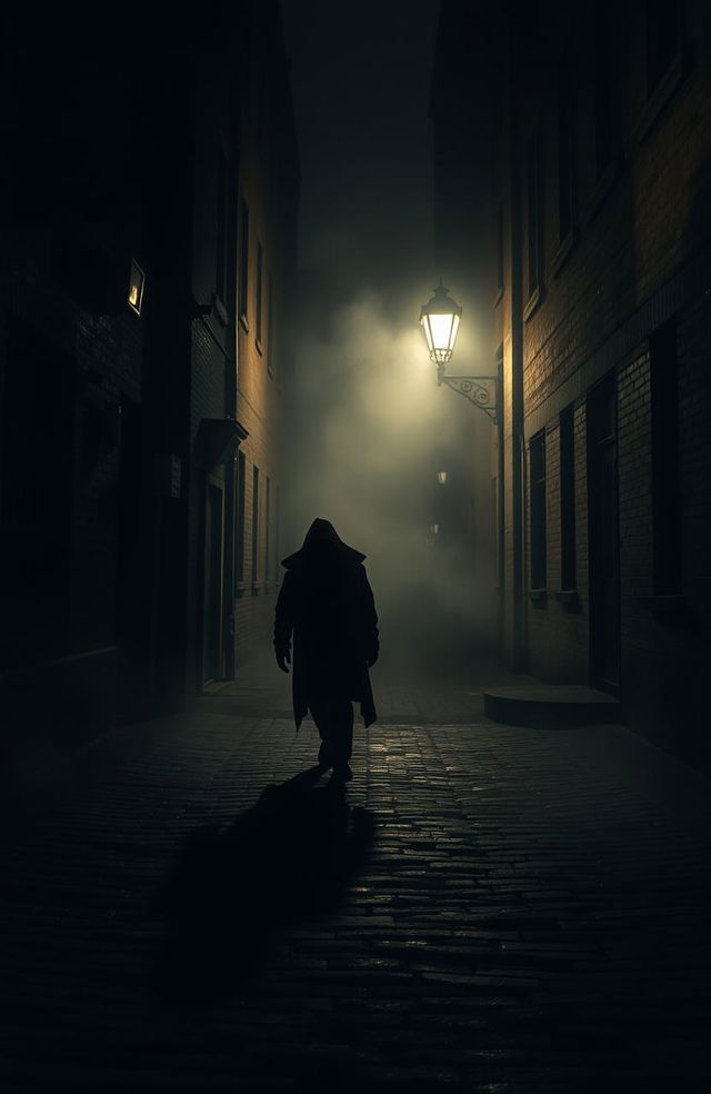 A dark, moody scene depicting the shadows of a serial killer lurking in a dimly lit alleyway