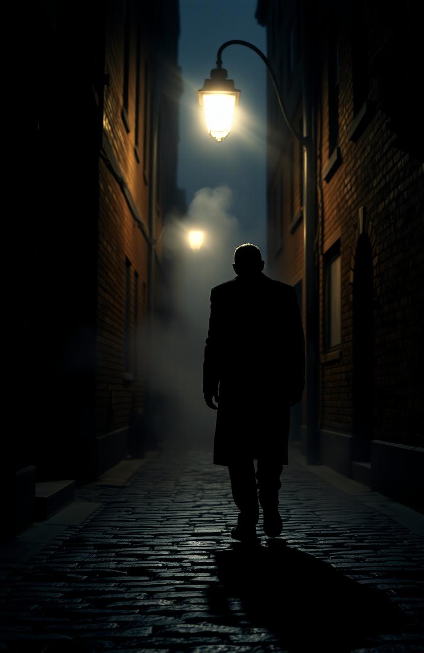 A dark, moody scene depicting the shadows of a serial killer lurking in a dimly lit alleyway