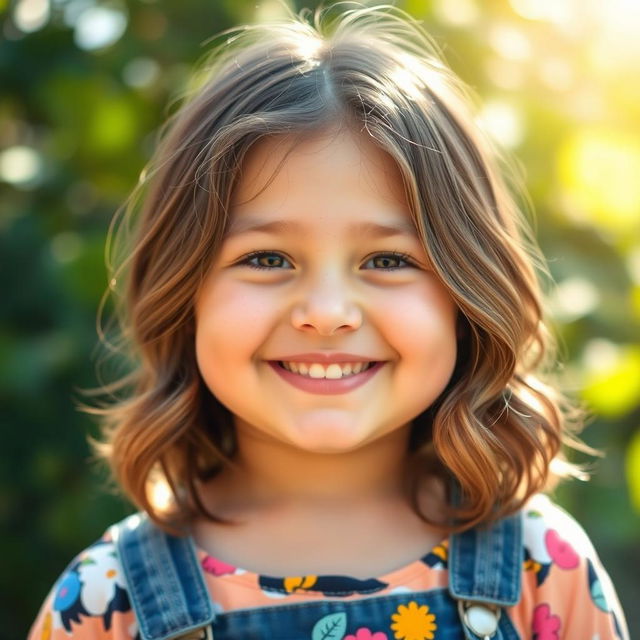 A chubby girl with medium-length hair, smiling joyfully for a photo