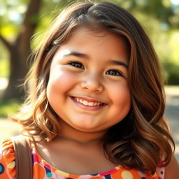 A chubby girl with medium-length hair, smiling joyfully for a photo