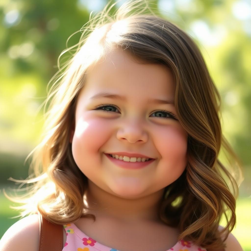 A chubby girl with medium-length hair, smiling joyfully for a photo