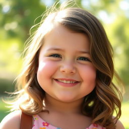A chubby girl with medium-length hair, smiling joyfully for a photo