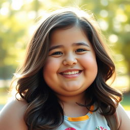 A chubby girl with medium-length hair, smiling joyfully for a photo